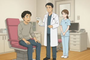 意志から検査結果の知らせを受ける「僕」の画像。