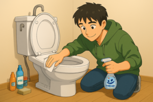 トイレの便座に「まめピカ抗菌プラス」をシュッと吹きかけて、トイレットペーパーでサッと拭いている「僕」の画像。